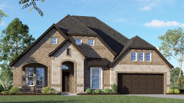 347 Paddle Boat, Granbury, TX 76049 - french country home featuring concrete driveway, brick siding, a garage, a front yard, and stone siding