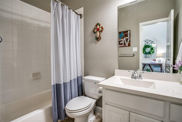 1137 Olympic Dr, Celina, TX 75009 - bathroom with toilet, vanity, shower / bath combo with shower curtain, and a textured wall