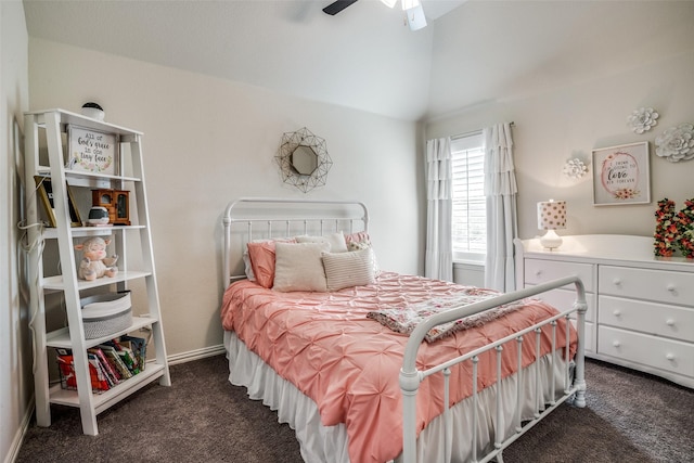 1137 Olympic Dr, Celina, TX 75009 - bedroom featuring dark colored carpet, lofted ceiling, and ceiling fan