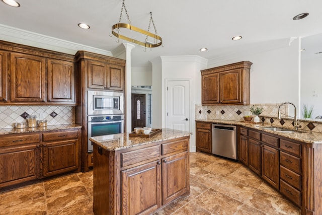 3076 W Alamosa Dr, Terrell, TX 75160 - kitchen featuring appliances with stainless steel finishes, a sink, crown molding, light stone counters, and tasteful backsplash