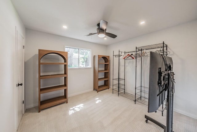 6812 Cumberland Rd, Fort Worth, TX 76116 - workout area featuring a ceiling fan, carpet, baseboards, and recessed lighting