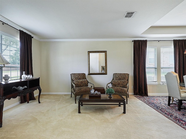 2937 Oakland Hills Dr, Plano, TX 75025 - living area featuring light carpet and crown molding