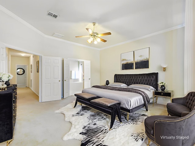2937 Oakland Hills Dr, Plano, TX 75025 - bedroom with ornamental molding, light colored carpet, ceiling fan, and connected bathroom