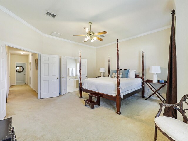 2937 Oakland Hills Dr, Plano, TX 75025 - bedroom with light colored carpet, crown molding, and ceiling fan