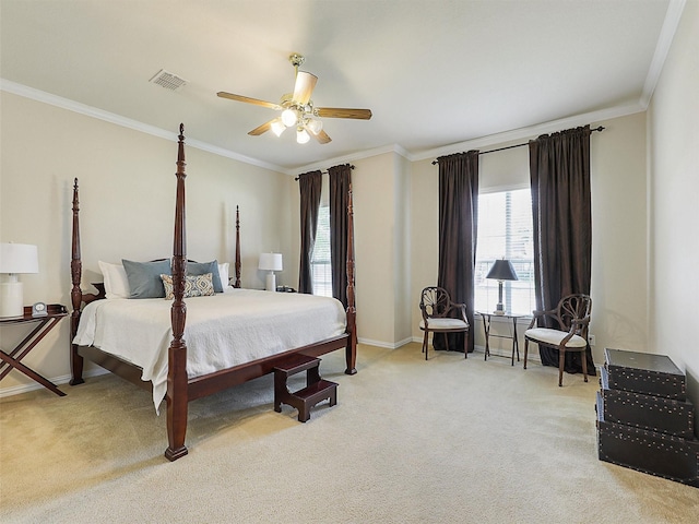 2937 Oakland Hills Dr, Plano, TX 75025 - bedroom featuring light carpet, ornamental molding, multiple windows, and a ceiling fan