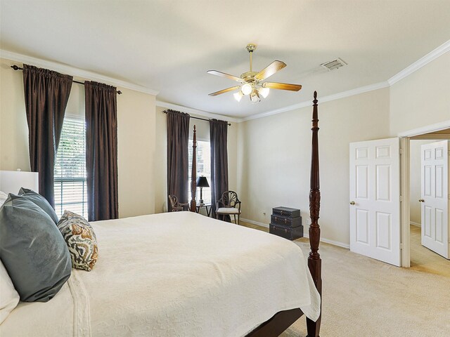 2937 Oakland Hills Dr, Plano, TX 75025 - bedroom with ornamental molding, light carpet, and a ceiling fan
