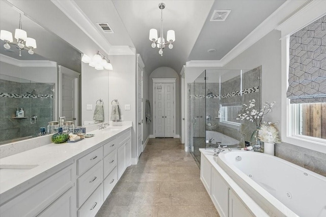 3770 W 5th St, Fort Worth, TX 76107 - full bath with a chandelier, a shower stall, double vanity, a whirlpool tub, and ornamental molding