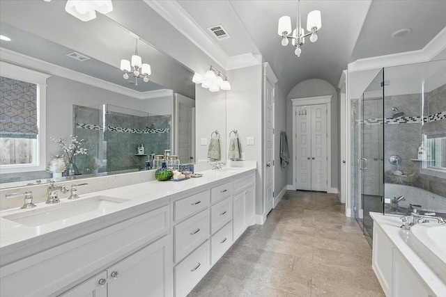 3770 W 5th St, Fort Worth, TX 76107 - bathroom with a chandelier, a stall shower, a garden tub, double vanity, and baseboards
