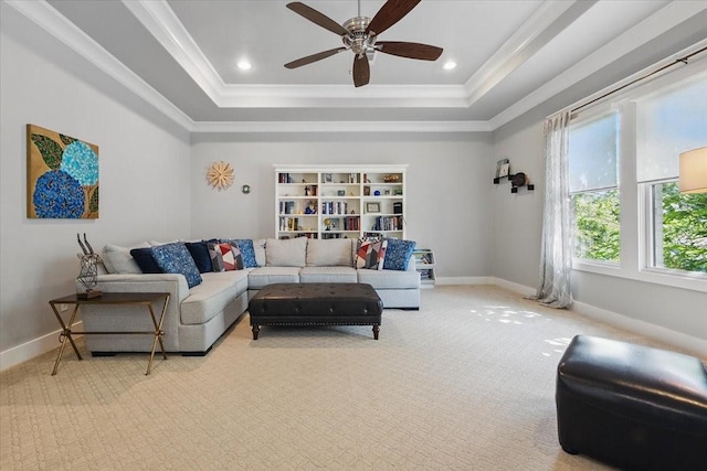 3770 W 5th St, Fort Worth, TX 76107 - carpeted living room featuring a raised ceiling, ceiling fan, baseboards, crown molding, and recessed lighting