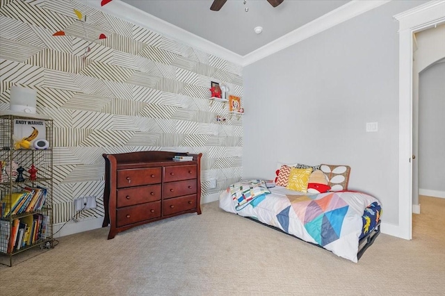 3770 W 5th St, Fort Worth, TX 76107 - bedroom featuring carpet, crown molding, a ceiling fan, and baseboards