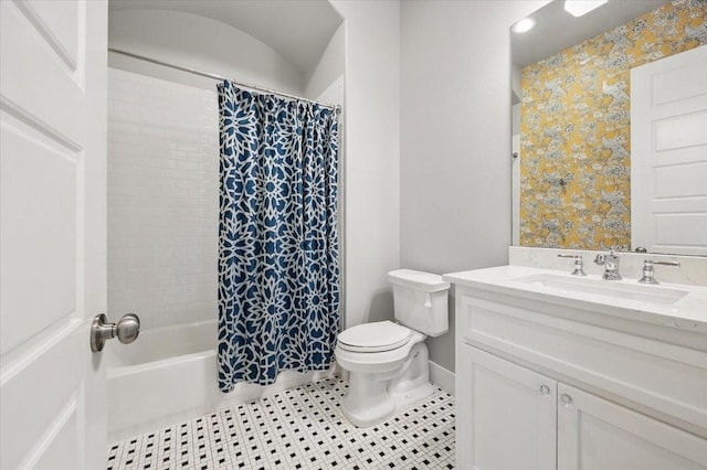 3770 W 5th St, Fort Worth, TX 76107 - full bath with toilet, vanity, shower / bathtub combination with curtain, wallpapered walls, and tile patterned floors