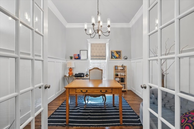 3770 W 5th St, Fort Worth, TX 76107 - office space featuring a decorative wall, a chandelier, ornamental molding, dark wood finished floors, and a wainscoted wall
