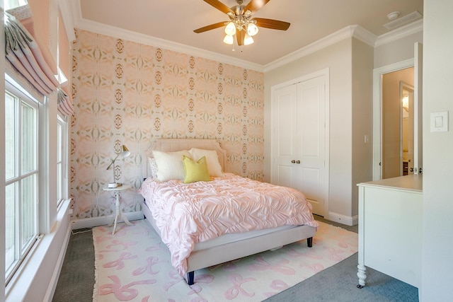 604 Rockfall Way, Aledo, TX 76008 - bedroom featuring light colored carpet, a closet, ornamental molding, baseboards, and ceiling fan