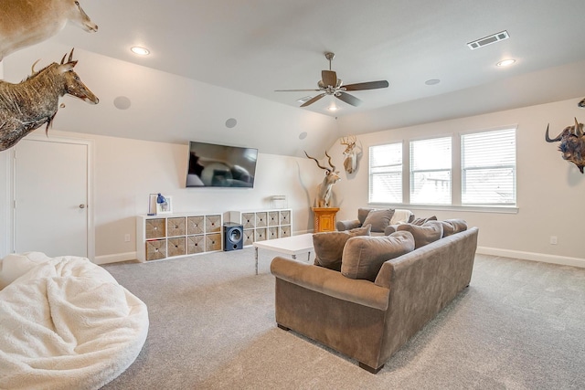 604 Rockfall Way, Aledo, TX 76008 - carpeted living room featuring ceiling fan, vaulted ceiling, baseboards, and recessed lighting