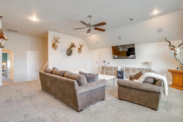 604 Rockfall Way, Aledo, TX 76008 - living room with light carpet, ceiling fan, arched walkways, lofted ceiling, and recessed lighting