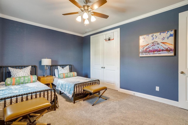 604 Rockfall Way, Aledo, TX 76008 - bedroom featuring carpet flooring, crown molding, baseboards, a ceiling fan, and a closet