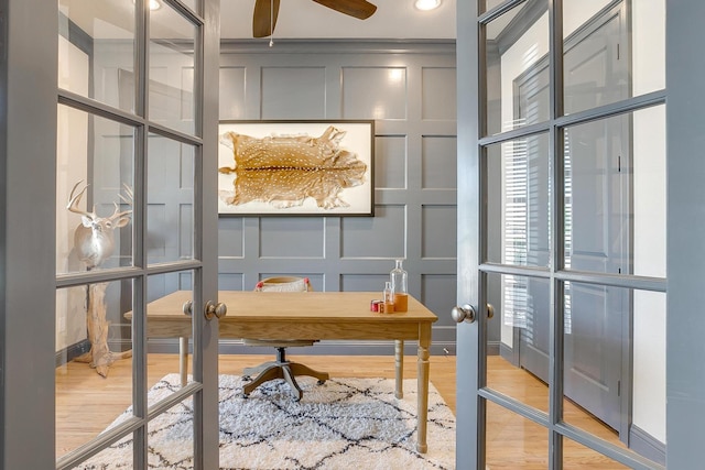 604 Rockfall Way, Aledo, TX 76008 - home office featuring a decorative wall, french doors, wood finished floors, and a ceiling fan