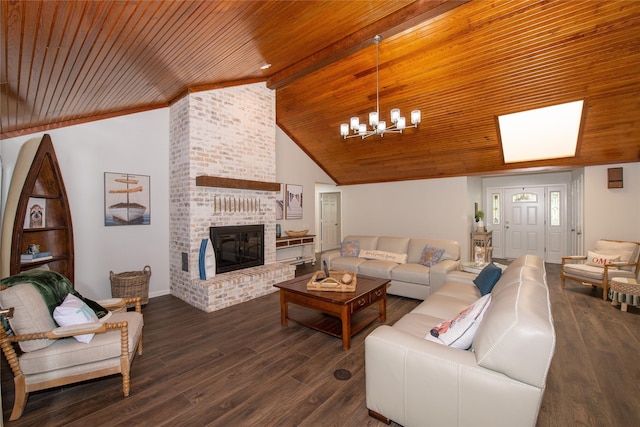303 Llano Bnd, Holly Lake Ranch, TX 75765 - living area featuring a chandelier, wooden ceiling, a fireplace, dark wood-type flooring, and high vaulted ceiling