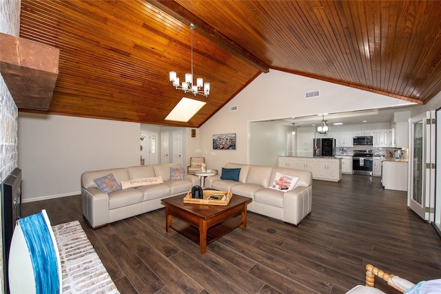 303 Llano Bnd, Holly Lake Ranch, TX 75765 - living room featuring a chandelier, a wood ceiling with exposed beams, high vaulted ceiling, and dark wood-type flooring