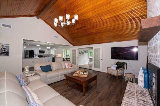 303 Llano Bnd, Holly Lake Ranch, TX 75765 - living area featuring a chandelier, a wooden ceiling with exposed beams, wood finished floors, and high vaulted ceiling