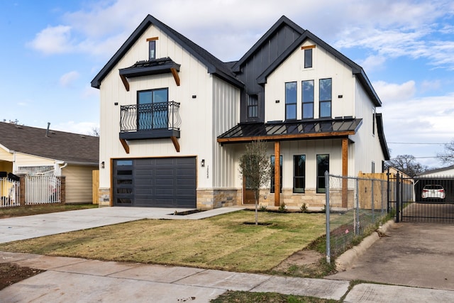 1228 Gould Ave, Fort Worth, TX 76164 - modern farmhouse style home with a balcony, a standing seam roof, driveway, a garage, and board and batten siding