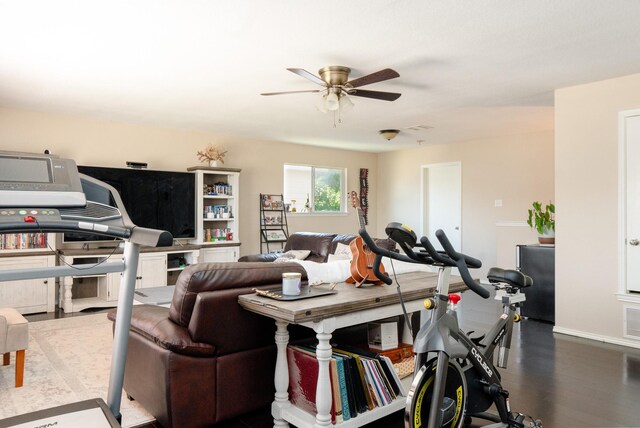 2300 Ash Grove Trl, Fort Worth, TX 76112 - living room featuring a ceiling fan, dark wood-type flooring, and baseboards