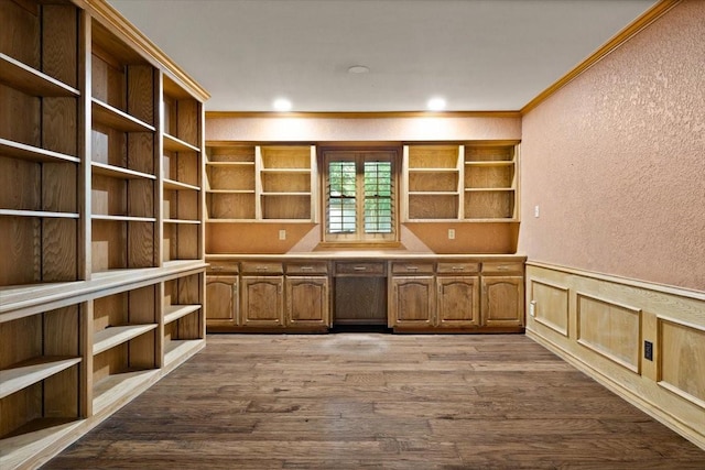 3519 Lake Powell Dr, Arlington, TX 76016 - unfurnished office with a textured wall, a wainscoted wall, dark wood-type flooring, ornamental molding, and a decorative wall