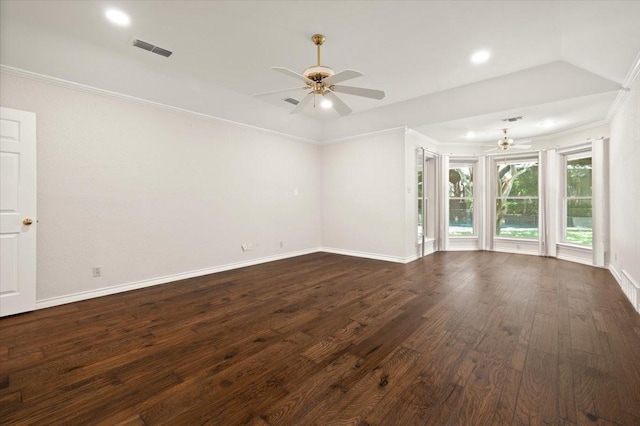 3519 Lake Powell Dr, Arlington, TX 76016 - spare room featuring ceiling fan, baseboards, dark wood-style floors, recessed lighting, and crown molding