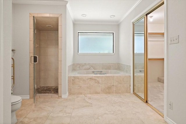 3519 Lake Powell Dr, Arlington, TX 76016 - full bathroom with crown molding, a bath, toilet, a shower stall, and a walk in closet