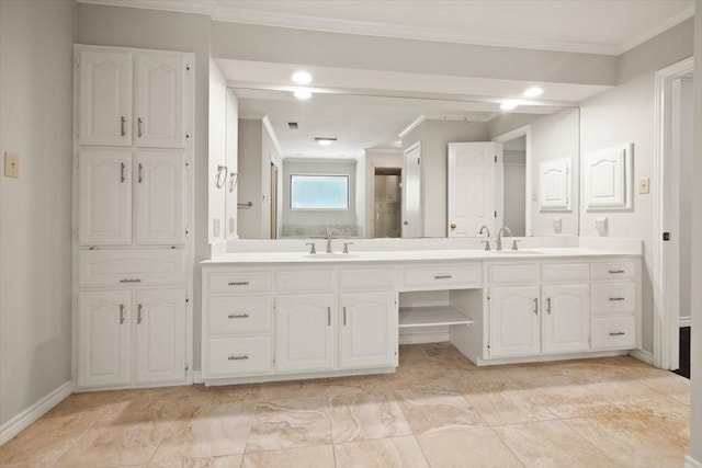 3519 Lake Powell Dr, Arlington, TX 76016 - full bath featuring ornamental molding, double vanity, and baseboards