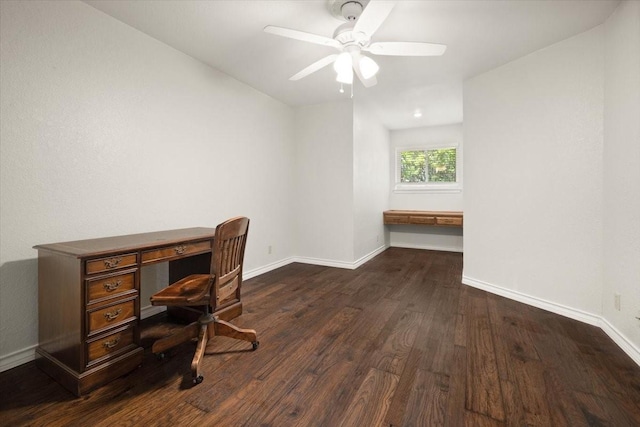 3519 Lake Powell Dr, Arlington, TX 76016 - home office with dark wood-type flooring, baseboards, and a ceiling fan