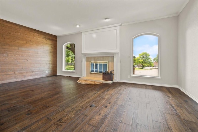 3519 Lake Powell Dr, Arlington, TX 76016 - unfurnished living room with dark wood finished floors, a high end fireplace, ornamental molding, and wooden walls