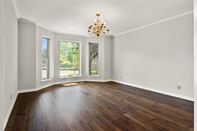 3519 Lake Powell Dr, Arlington, TX 76016 - spare room with a chandelier, dark wood-style floors, baseboards, ornamental molding, and a textured wall