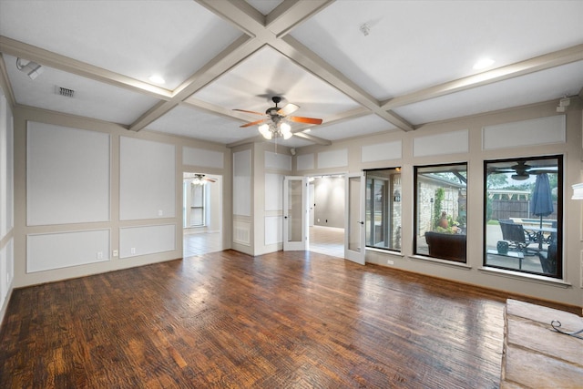 240 Highland Knl, Highland Village, TX 75077 - empty room featuring a decorative wall, a ceiling fan, coffered ceiling, beamed ceiling, and wood finished floors