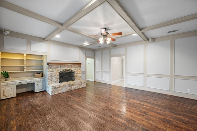 240 Highland Knl, Highland Village, TX 75077 - unfurnished living room featuring a decorative wall, coffered ceiling, a ceiling fan, beamed ceiling, and dark wood-style floors