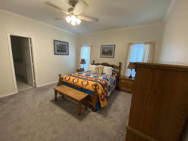 2900 Boyd St, Ennis, TX 75119 - carpeted bedroom with crown molding, a ceiling fan, baseboards, and ensuite bath