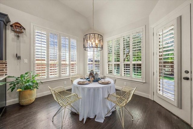 2223 Alisa Ln, Trophy Club, TX 76262 - dining room featuring a chandelier, vaulted ceiling, wood finished floors, and baseboards