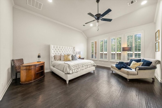 2223 Alisa Ln, Trophy Club, TX 76262 - bedroom featuring vaulted ceiling, wood finished floors, baseboards, ornamental molding, and ceiling fan