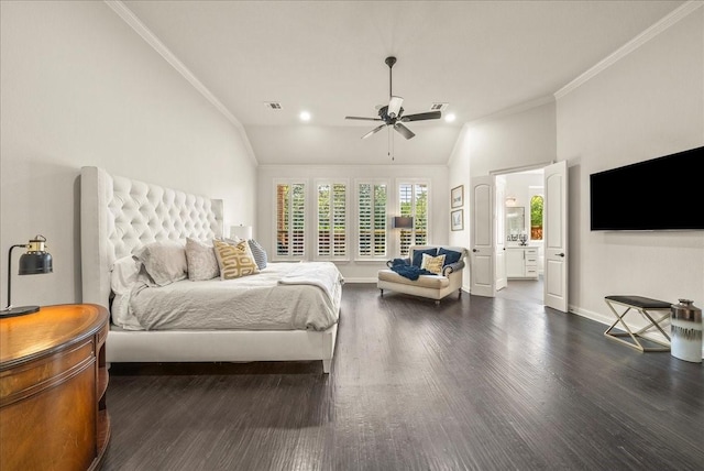 2223 Alisa Ln, Trophy Club, TX 76262 - bedroom with crown molding, wood finished floors, lofted ceiling, baseboards, and ensuite bath