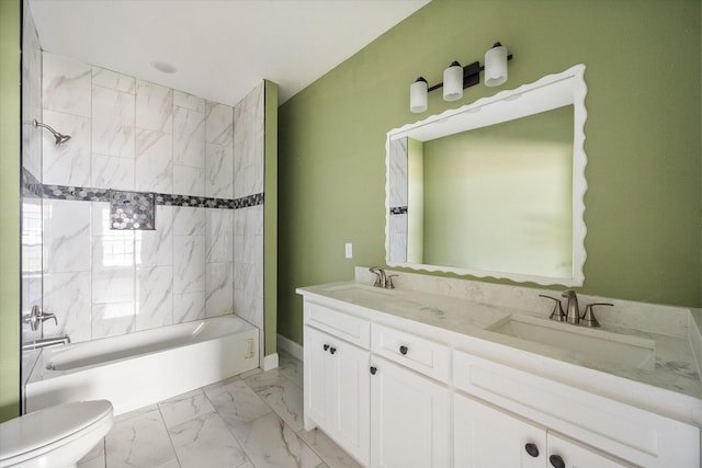 3231 Hillsdale Ave, Corsicana, TX 75110 - full bath with marble finish floors, toilet, double vanity, and shower / washtub combination