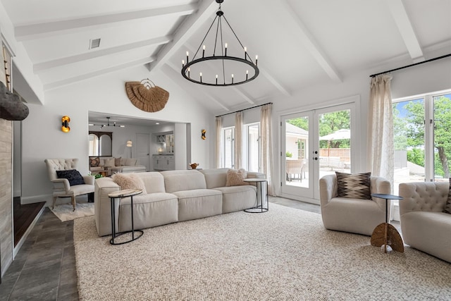 610 Sunset Ct, Argyle, TX 76226 - living room with a chandelier, beam ceiling, french doors, and high vaulted ceiling