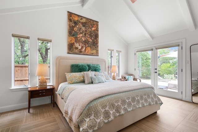 610 Sunset Ct, Argyle, TX 76226 - bedroom with access to outside, beam ceiling, french doors, high vaulted ceiling, and baseboards