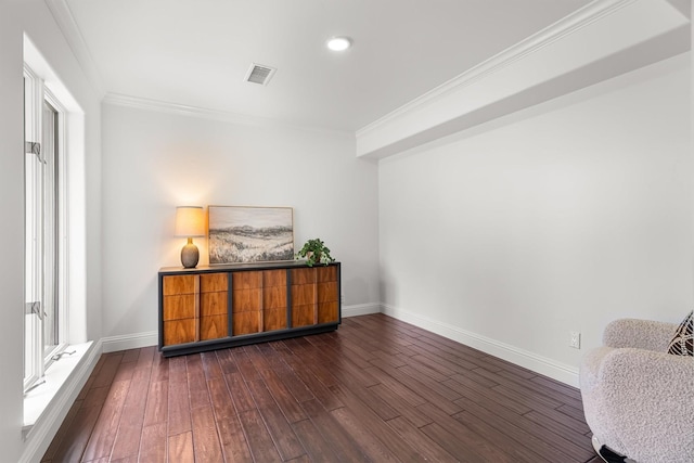 610 Sunset Ct, Argyle, TX 76226 - living area with crown molding, baseboards, and dark wood-style flooring