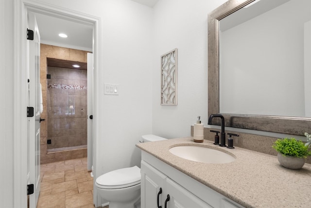 610 Sunset Ct, Argyle, TX 76226 - full bath featuring vanity, tiled shower, toilet, stone finish flooring, and recessed lighting