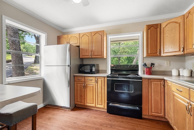 610 Sunset Ct, Argyle, TX 76226 - kitchen featuring black appliances, healthy amount of natural light, ornamental molding, light countertops, and light wood-type flooring