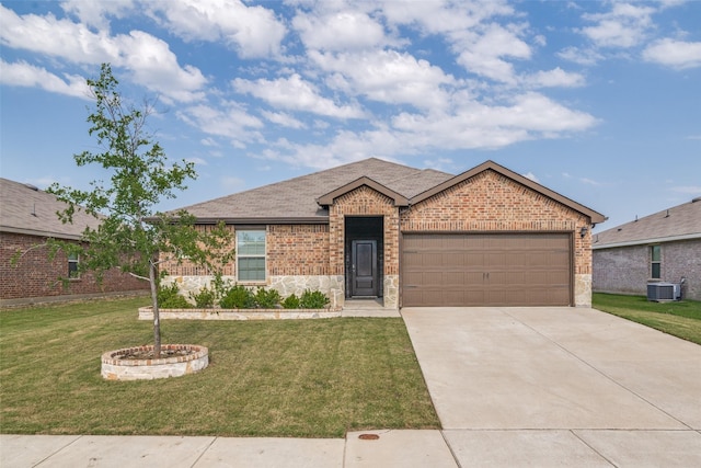 1302 Lowhill Dr, Royse City, TX 75189 - ranch-style house with a front yard, a garage, brick siding, concrete driveway, and central AC unit