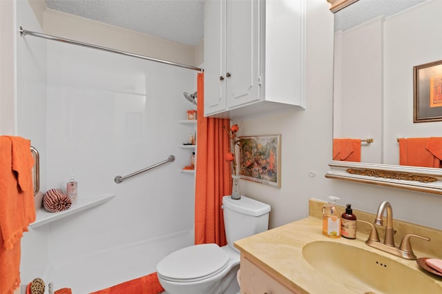 408 Hollyhill Ln, Denton, TX 76205 - bathroom with curtained shower, toilet, vanity, and a textured ceiling