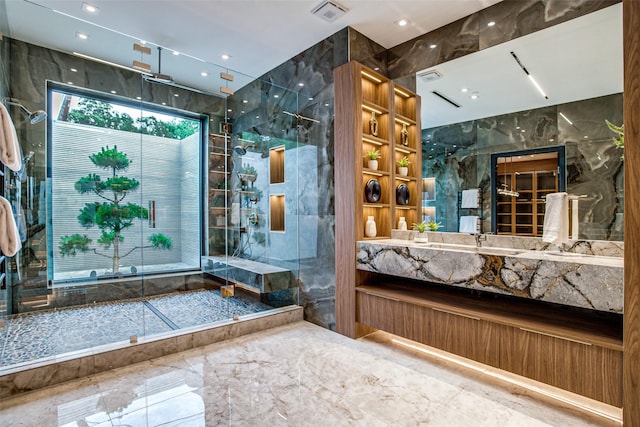 10846 Crooked Creek Ct, Dallas, TX 75229 - bathroom with a marble finish shower, vanity, and marble tiled flooring