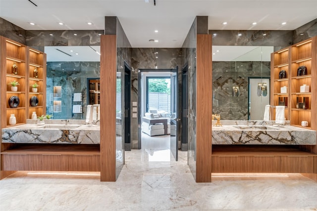 10846 Crooked Creek Ct, Dallas, TX 75229 - full bathroom featuring marble tiled floors, vanity, and a marble finish shower