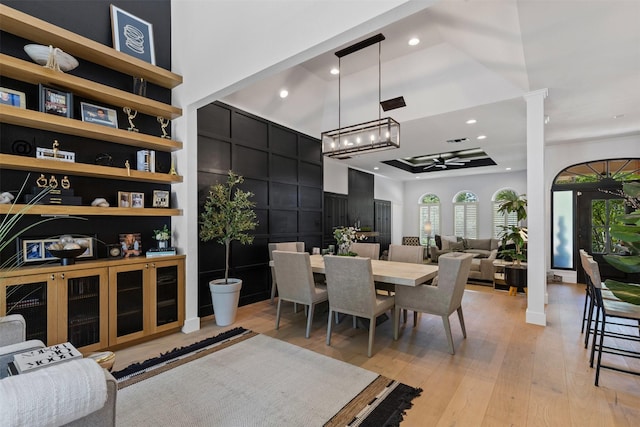 3512 Ridglea Country Club Dr, Fort Worth, TX 76116 - dining space with ceiling fan, light wood-style flooring, recessed lighting, and a towering ceiling
